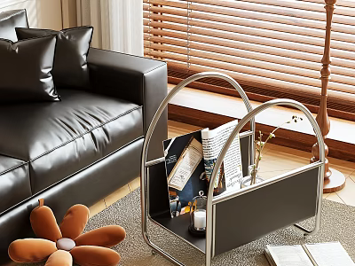 Modern Living Room Side Table With Metal Frame Black Panel Storage And Magazines 3d model