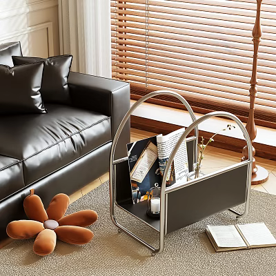 Modern Living Room Side Table With Metal Frame Black Panel Storage And Magazines 3d model