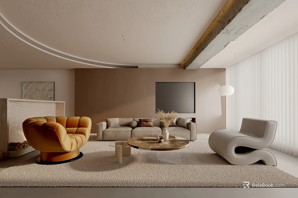 Modern Living Room Interior With Curved Sofa Orange Accent Chair And Coffee Table 3d model 