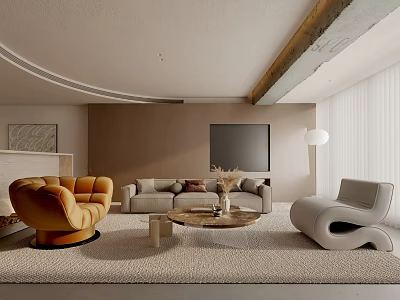 Modern Living Room Interior With Curved Sofa Orange Accent Chair And Coffee Table 3d model
