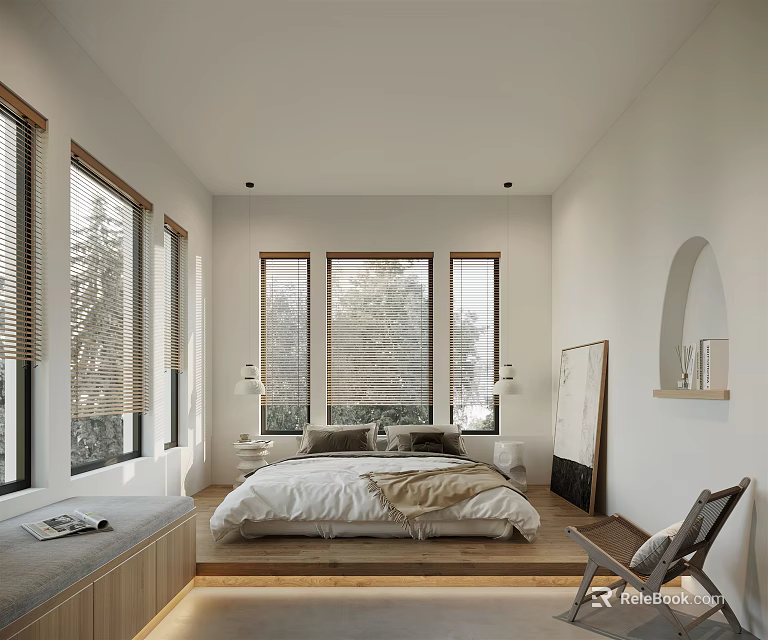 Modern Bedroom Interior Design With Large Windows Wooden Floor And Seating Area 3d model 