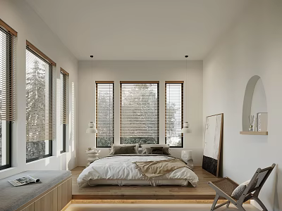 Modern Bedroom Interior Design With Large Windows Wooden Floor And Seating Area 3d model