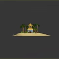 Tropical Island Scene With Sandy Beach Palm Trees Blue Water And Yellow Building
