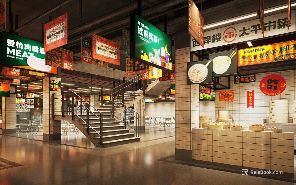 Supermarket Department Store Interior With Hanging Signs Fresh Vegetables Meat Staircase Tables Chairs Food Counter 3d model 