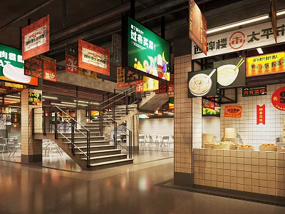 Supermarket Department Store Interior With Hanging Signs Fresh Vegetables Meat Staircase Tables Chairs Food Counter 3d model