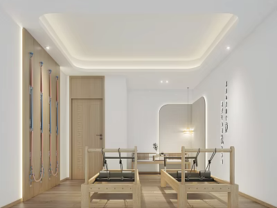 Pilates Fitness Studio Interior With Reformer Machines Hanging Spring Poles And Wooden Door 3d model