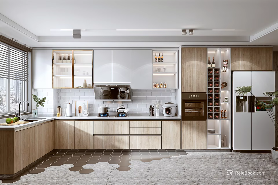 Modern Kitchen Interior With Light Wood White Cabinets Wine Storage Appliances And Hexagonal Tiles 3d model 