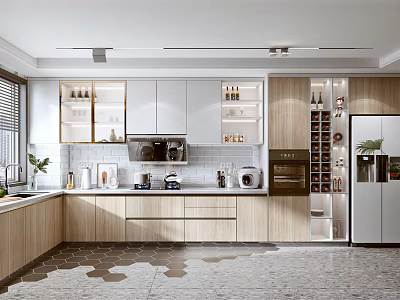 Modern Kitchen Interior With Light Wood White Cabinets Wine Storage Appliances And Hexagonal Tiles 3d model