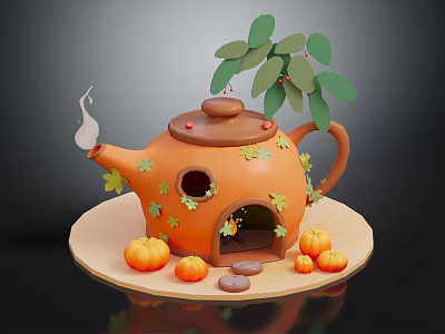 Cartoon Scene Featuring Orange Teapot Shaped House with Green Leaves Smoky Chimney Pumpkins and Stones 3d model