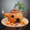 Cartoon Scene Featuring Orange Teapot Shaped House with Green Leaves Smoky Chimney Pumpkins and Stones
