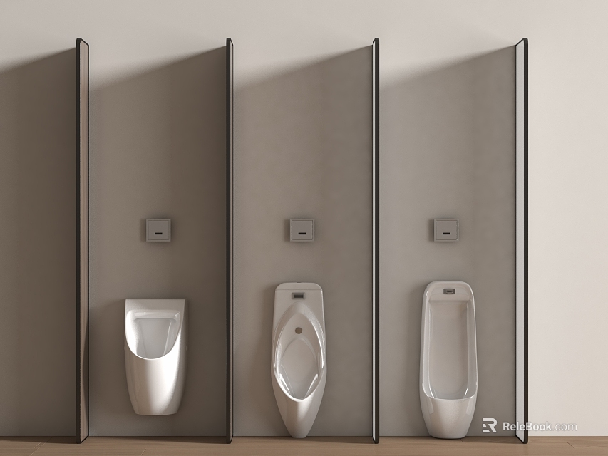 Modern Public Restroom With Three Wall Mounted Urinals And Partitions 3d model 
