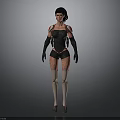 Woman In Black And Red Bodysuit With Mechanical Armor Arm And Leg Design
