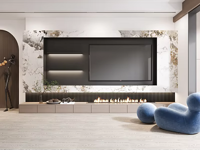 Modern TV Background Wall With Marble Texture Black Cabinet Fireplace And Blue Lounge Chairs 3d model