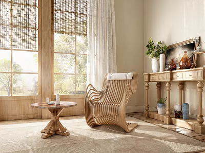 Woven Wooden Lounge Chair in Cozy Living Room with Side Table Green Plants and Window 3d model