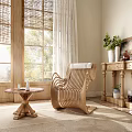Woven Wooden Lounge Chair in Cozy Living Room with Side Table Green Plants and Window