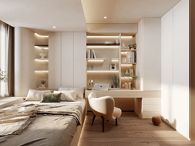 Modern Cozy Tatami Bedroom Interior Design With Built in Bookshelves Desk Chair and Lighting 3d model