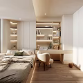 Modern Cozy Tatami Bedroom Interior Design With Built in Bookshelves Desk Chair and Lighting