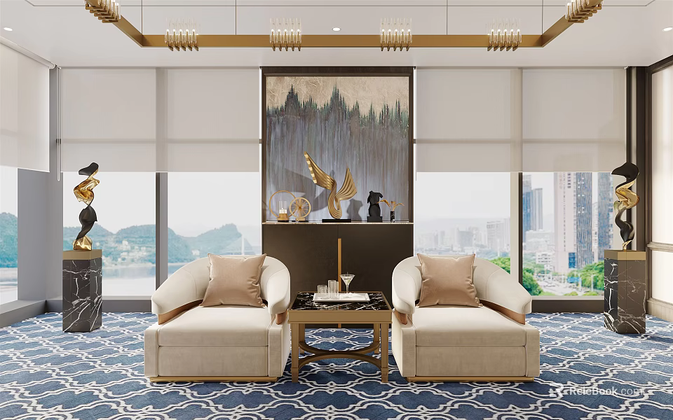 Elegant Hotel Public Lounge With Beige Armchairs Forest Painting City Mountain Views And Golden Chandeliers 3d model 