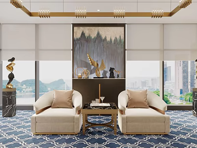 Elegant Hotel Public Lounge With Beige Armchairs Forest Painting City Mountain Views And Golden Chandeliers 3d model