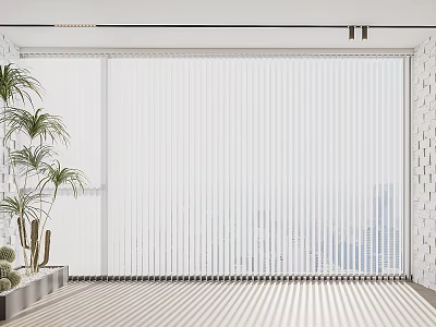 White Vertical Blinds Curtain in Modern Room with Green Plants White Brick Wall and Wooden Floor 3d model