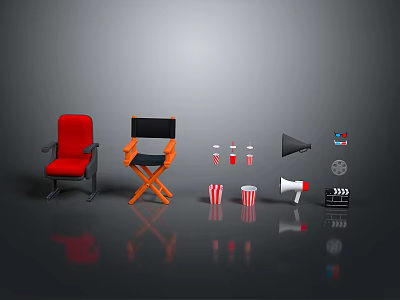 Red Chair and Wooden Director's Chair as Movie Themed Furniture with Popcorn Buckets 3d model