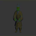 Golden Terracotta Warrior Sculpture With Traditional Attire And Headgear In Standing Pose
