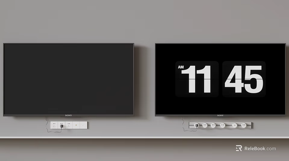 Two Wall Mounted TVs With Sleek Design Displaying 11 45 Time On Gray Wall 3d model 