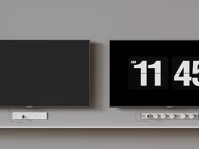 Two Wall Mounted TVs With Sleek Design Displaying 11 45 Time On Gray Wall 3d model