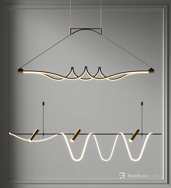 Modern Curved LED Pendant Chandelier With Sleek Metal Design And Decorative Light Lines 3d model 