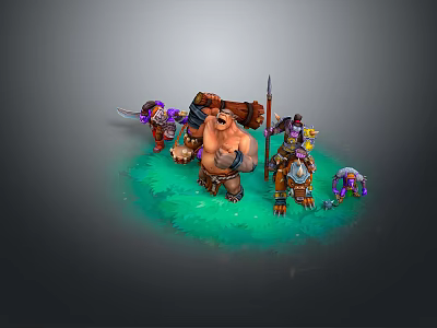 Fantasy Characters And Creatures Standing On Green Grass With Weapons And Armor 3d model