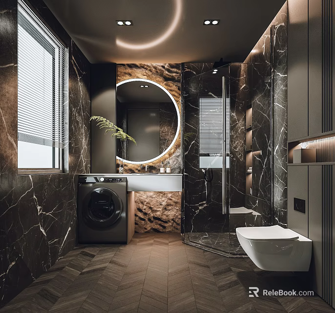 Modern Bathroom With Dark Marble Walls Round Mirror Washing Machine Walk In Shower White Toilet 3d model 