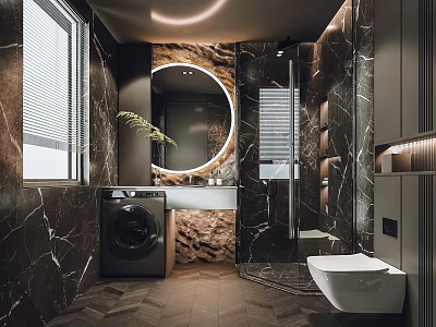 Modern Bathroom With Dark Marble Walls Round Mirror Washing Machine Walk In Shower White Toilet 3d model