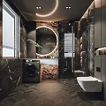 Modern Bathroom With Dark Marble Walls Round Mirror Washing Machine Walk In Shower White Toilet