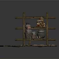 Multi tiered Wooden Shelf With Clay Pots And Baskets On Wooden Plank Base