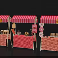 Dessert Stalls With Red And White Striped Awnings Cream Cakes Fruits Donuts And Bread