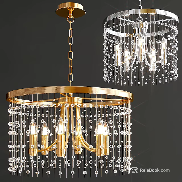 Elegant Crystal Chandelier With Gold Frame Hanging Crystal Beads And Illuminated Bulbs For Home Decor 3d model 