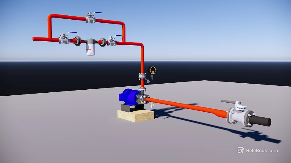 Industrial Equipment System With Red Pipes Blue Pump Valves And Pressure Gauge 3d model 
