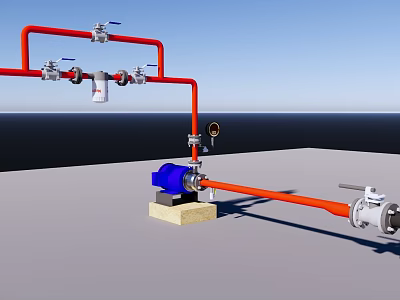 Industrial Equipment System With Red Pipes Blue Pump Valves And Pressure Gauge 3d model