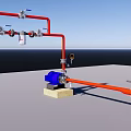 Industrial Equipment System With Red Pipes Blue Pump Valves And Pressure Gauge