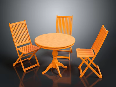 Orange Outdoor Furniture Set With Round Wooden Table And Folding Chairs 3d model
