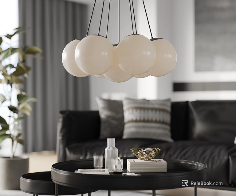 Modern White Globe Chandelier Hanging In Living Room With Black Sofa 3d model 
