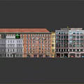 Commercial Street with Mixed Architectural Styles Colorful Buildings and Pedestrian Walkways