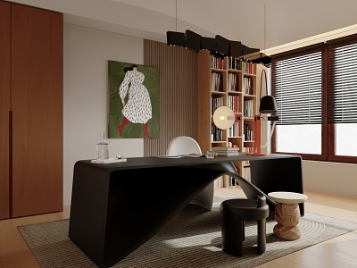 Modern Study Desk Carpet Bookcase Chandelier model