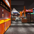 Modern Restaurant Interior With Orange Counter Seating Area And Digital Menu Screens 3d model