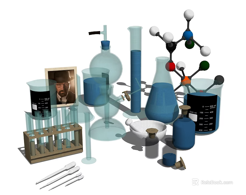 Professional Industrial Equipment with Beakers Test Tubes Flasks and Molecular Models for Laboratory Use 3d model 
