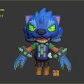 Blue Cartoon Game Movie Character With Green Eyes Feline Features Orange Paws And Bone Accessories