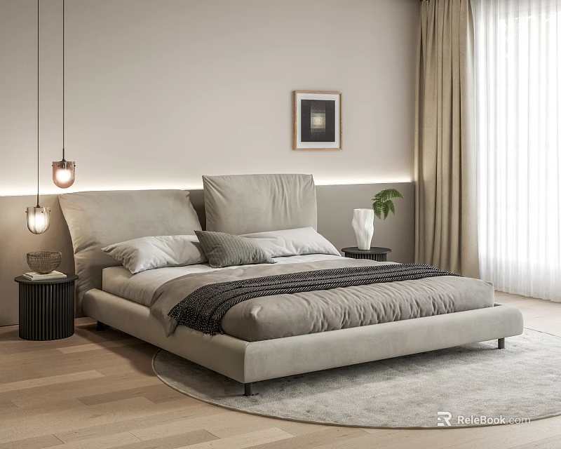 Modern Light Gray Double Bed With Headboard Pillows Blanket Nightstand Plant And Framed Art 3d model 