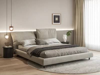 Modern Light Gray Double Bed With Headboard Pillows Blanket Nightstand Plant And Framed Art 3d model
