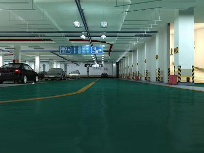 Modern Indoor Parking Lot with Green Floor Parked Cars Direction Signs and Ceiling Lights 3d model