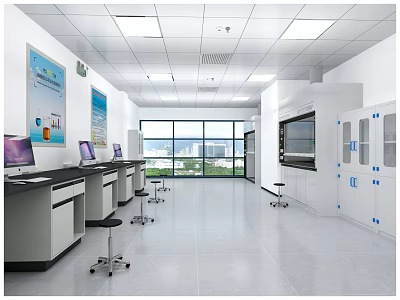 Modern Laboratory Interior with Long Lab Tables Computers Windows Outdoor View and Cabinets 3d model